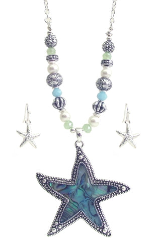 Abalone Starfish Pendant Bead Necklace Set