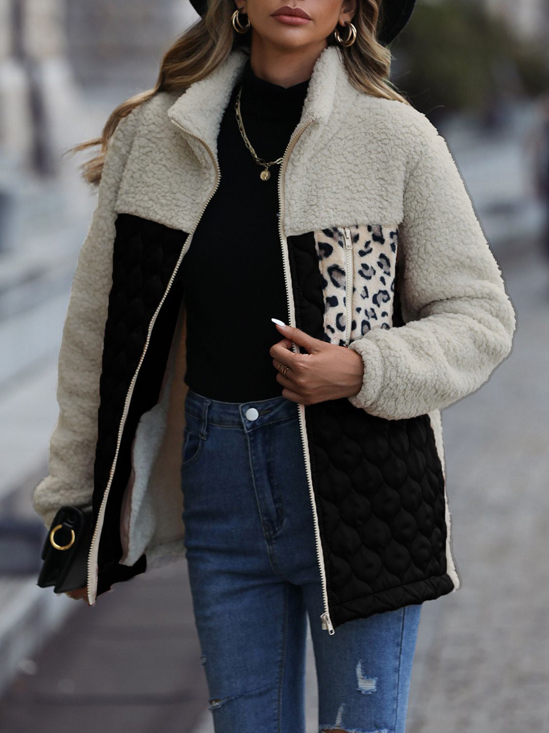 Leopard Color Block Zip-Up Jacket