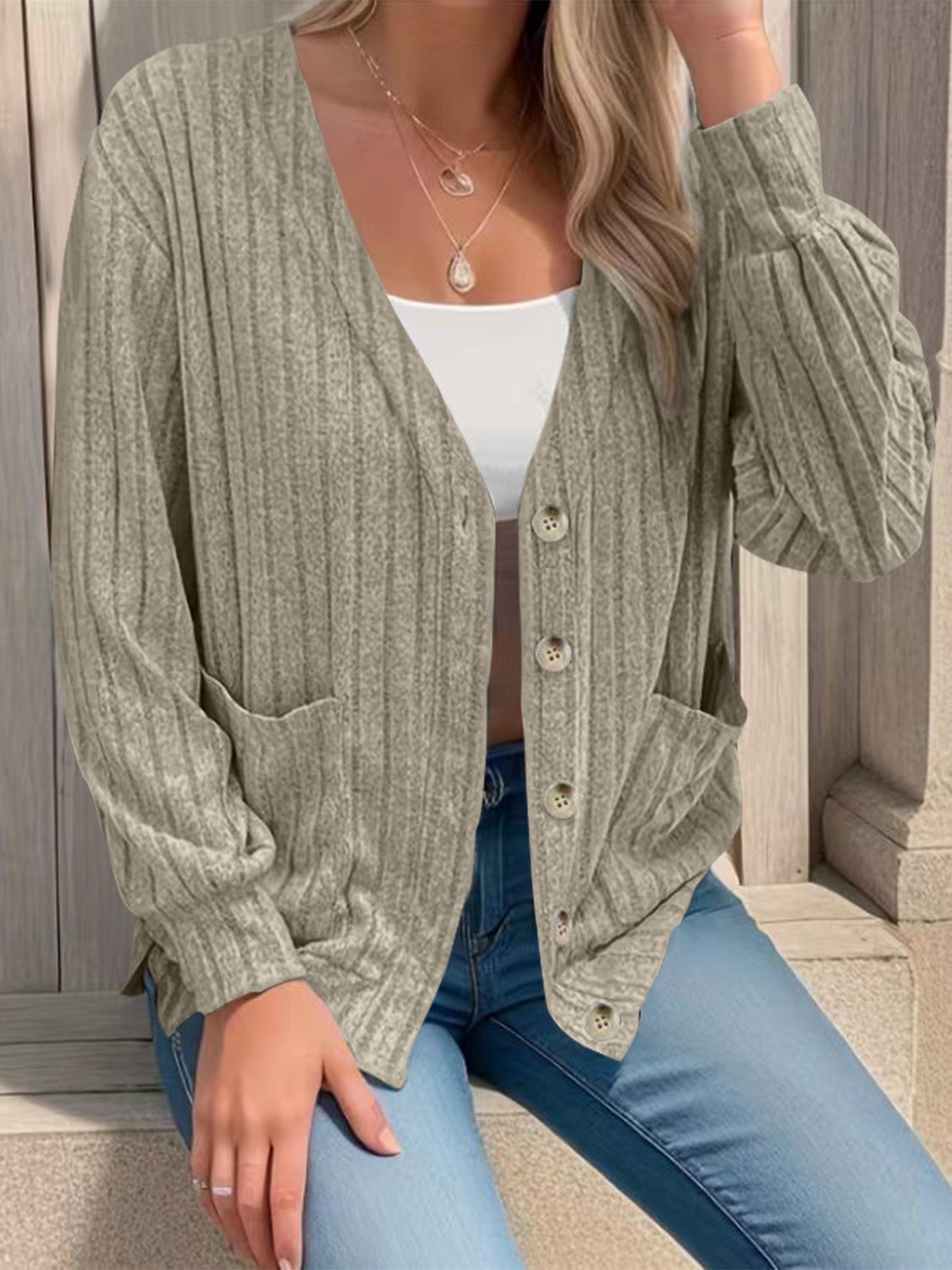 Full Size Button Up V-Neck Long Sleeve Cardigan