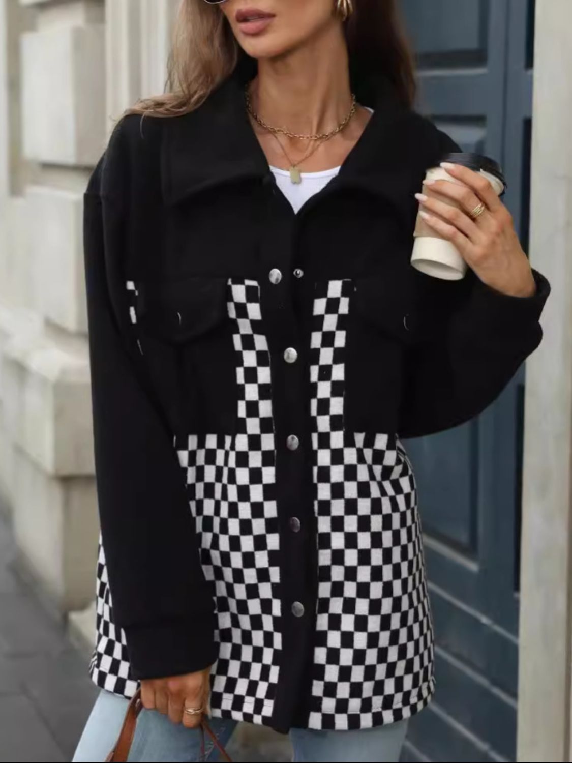 Checkered Snap Down Long Sleeve Jacket