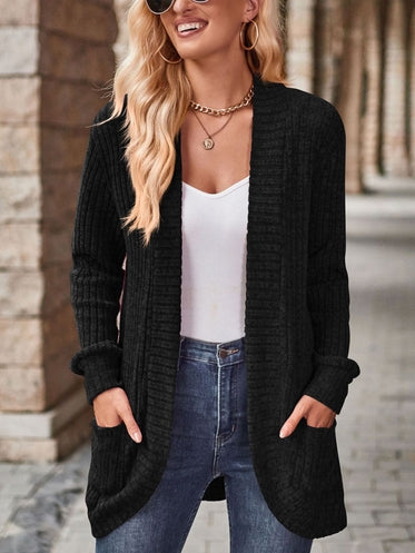 Solid Pit Stripe Matte Casual Long Sleeved Cardigan Jacket