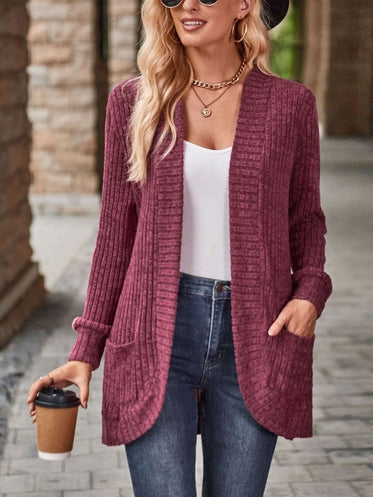 Solid Pit Stripe Matte Casual Long Sleeved Cardigan Jacket