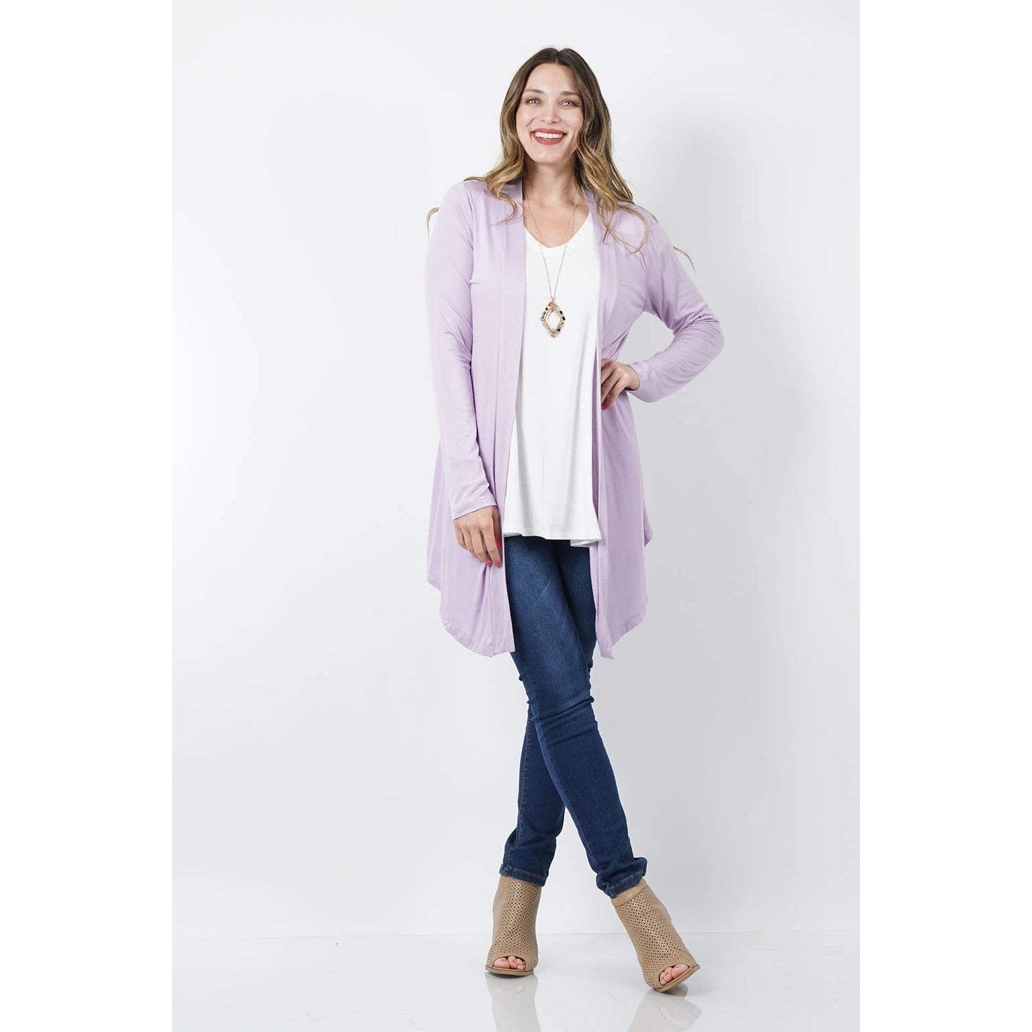 PLUS DRAPEY OPEN-FRONT LONG SLEEVE CARDIGAN - Dusty Lavender