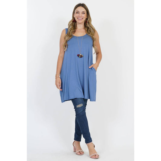 PLUS Side pocket sleeveless dress - Denim