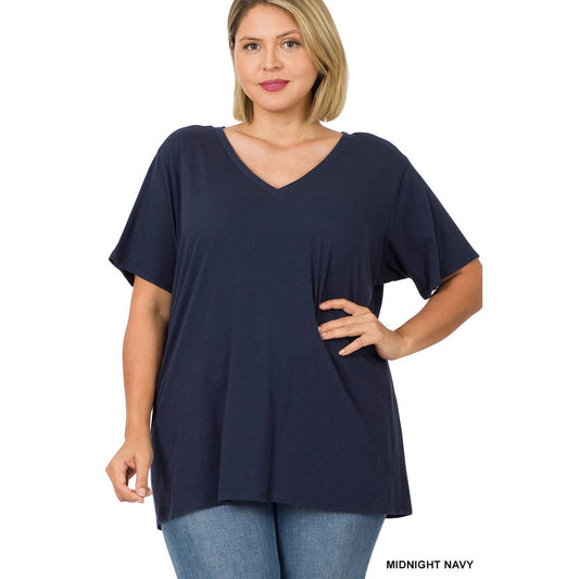 COTTON SHORT SLEEVE BOYFRIEND V-NECK TOP - Midnight Navy