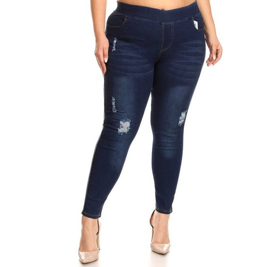 Plus size distress pull on denim jegging