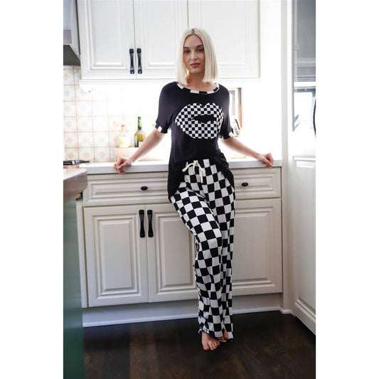 Black & White Checkboard Lips Top & Pants Set