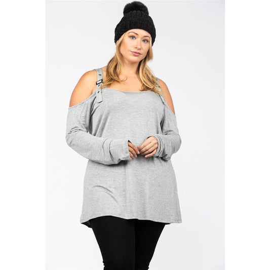 HEATHER GREY COLD SHOULDERS BELT STRAPS JERSEY KNIT