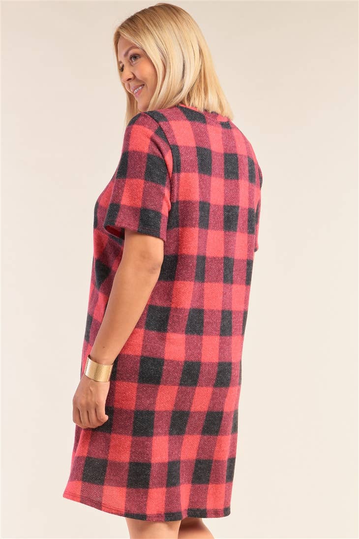 Plus Size Size Red Plaid Checkered Short Sleeve Mini Dress