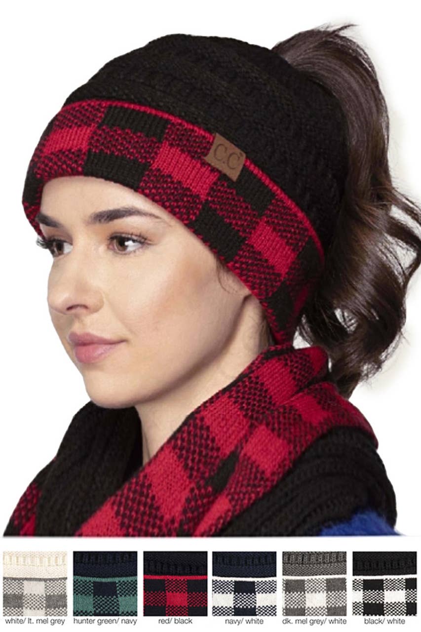 C.C Buffalo Check Messy Bun Ponytail Beanie