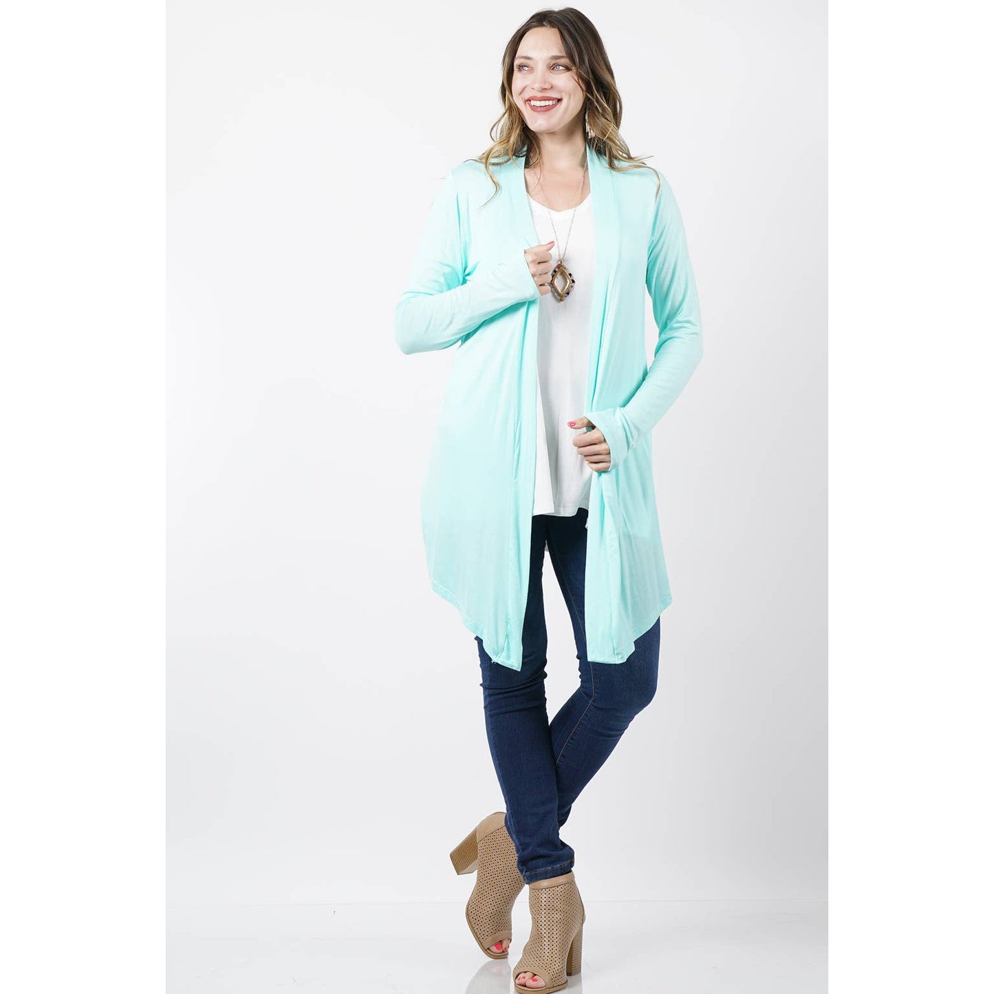 PLUS DRAPEY OPEN-FRONT LONG SLEEVE CARDIGAN