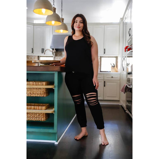 Junior Plus Black Tank Top & Ripped Detail Sweatpants Set