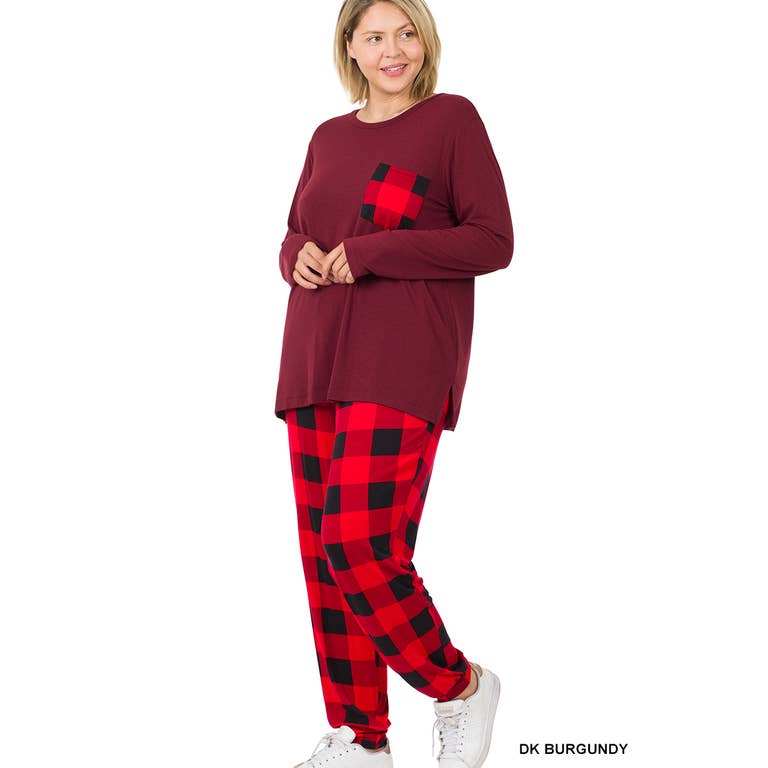 DK BURGUNDY PLUS BUFFALO PLAID PRINT LOUNGEWEAR 2PC SET