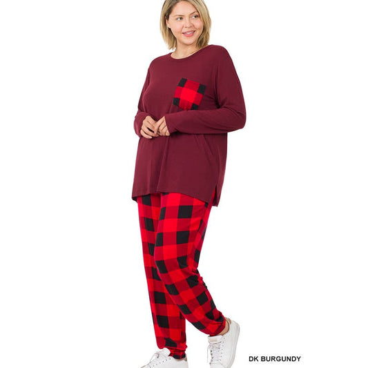 DK BURGUNDY PLUS BUFFALO PLAID PRINT LOUNGEWEAR 2PC SET