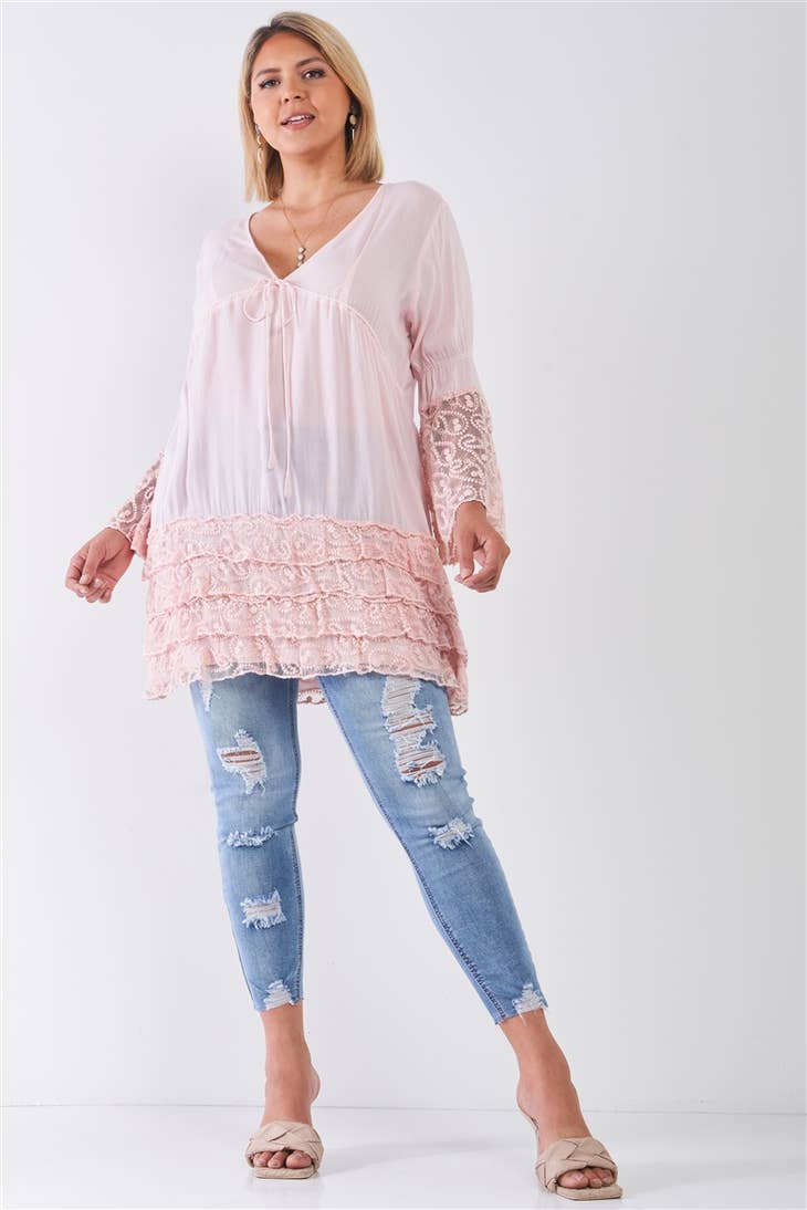 Plus Size Boho Lace Hem V Neck Tunic Top