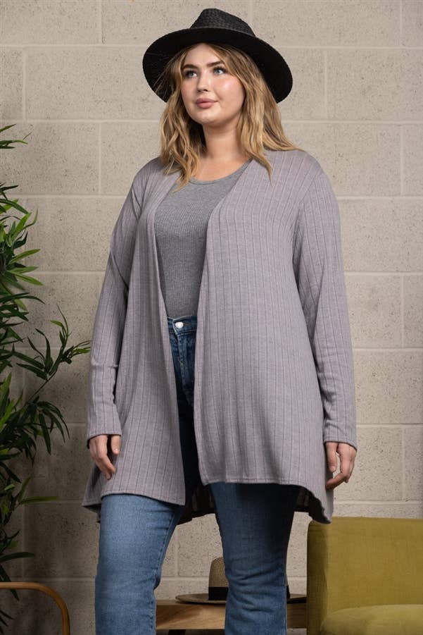 Grey Ribbed Long Sleeve Plus Size Cardigan