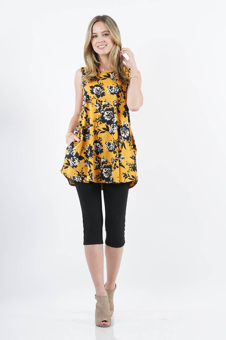 Mustard Black Sleeveless print pocket swing tunic