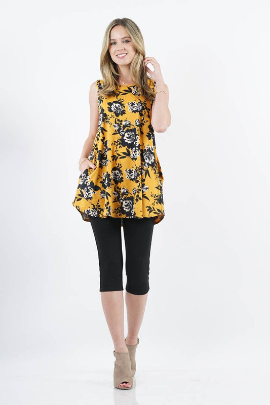 Mustard Black Sleeveless print pocket swing tunic