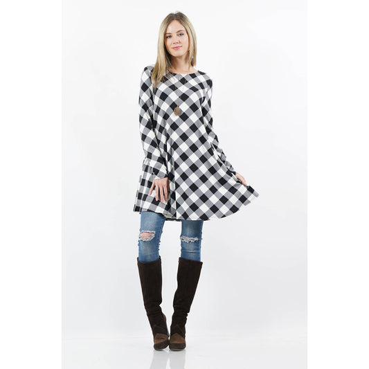 BK/WH_Diagonal Long sleeve plaid two-pocket tunic