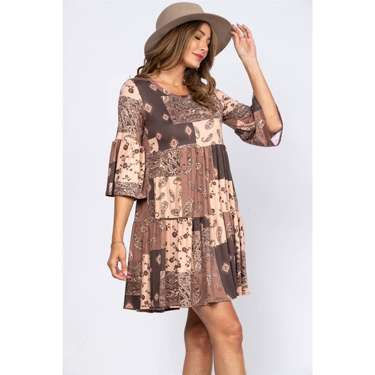 FAWN TOBACCO FLORAL PAISLEYS PRINT TIERED SHIFT MIDI DRESS