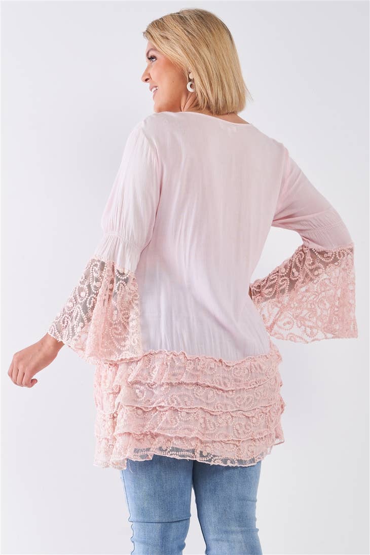 Plus Size Boho Lace Hem V Neck Tunic Top