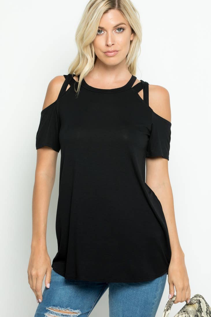 PLUS Open Shoulder Short Sleeve Solid Top