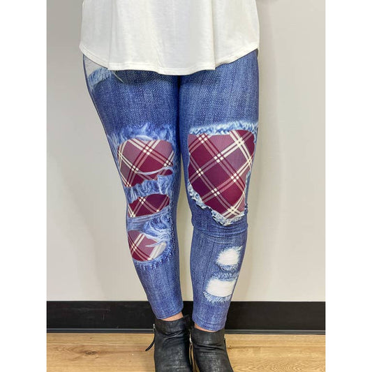 Burgundy Plaid Patched Leggings