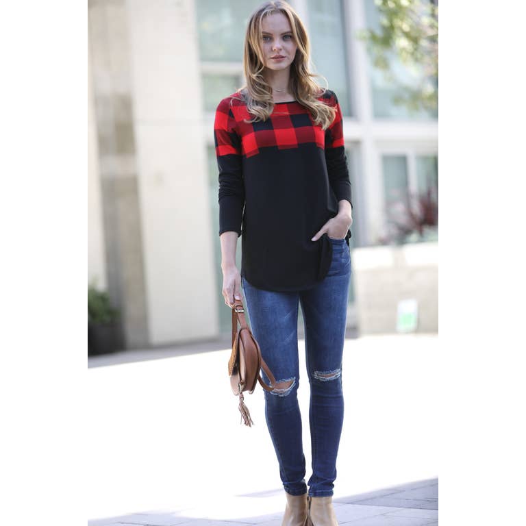 BLACK PLAID COLOR BLOCK LONG SLEEVE TOP