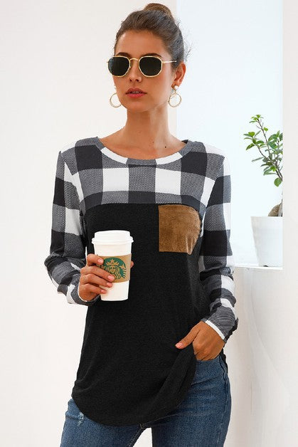 Plaid Patchwork Long Sleeve Tops