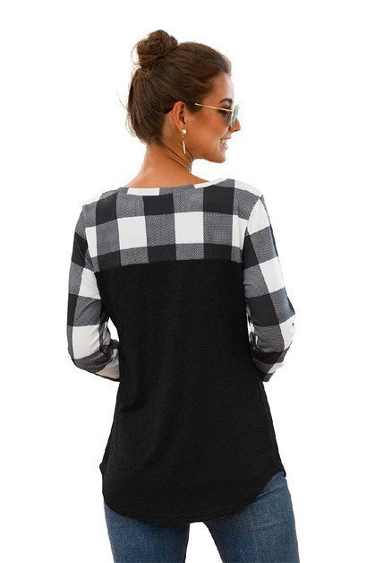 Plaid Patchwork Long Sleeve Tops