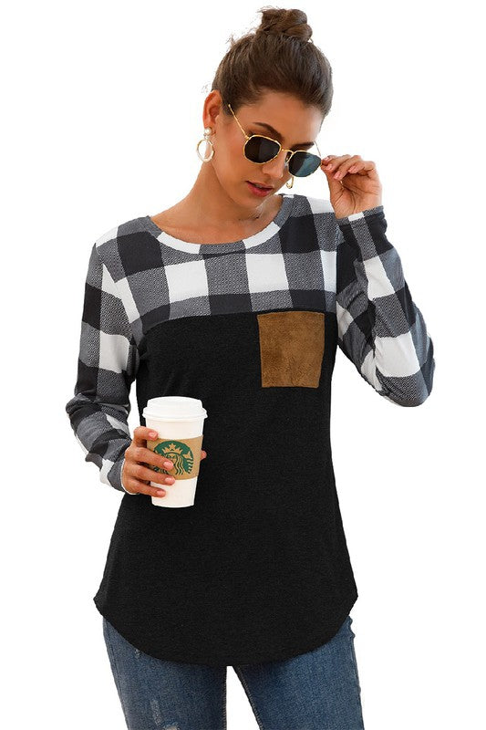 Plaid Patchwork Long Sleeve Tops