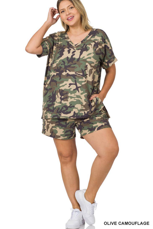 Plus Microfiber Camo Print Top & Shorts Set