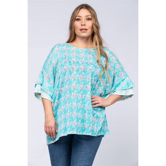 AQUA WHITE HOUNDSTOOTH PRINT OVERSIZE PLUS SIZE TOP