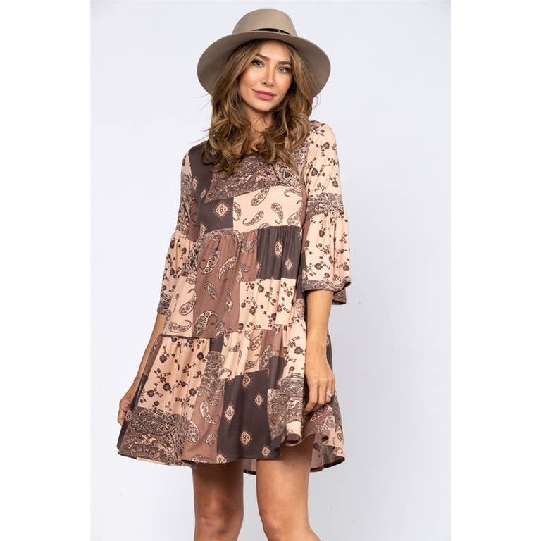 FAWN TOBACCO FLORAL PAISLEYS PRINT TIERED SHIFT MIDI DRESS