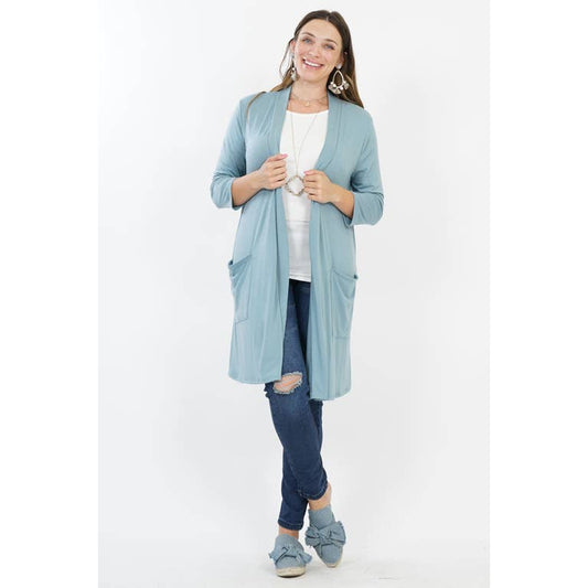 BLUEGREY PLUS 3/4 SLEEVE SLOUCHY POCKET OPEN CARDIGAN