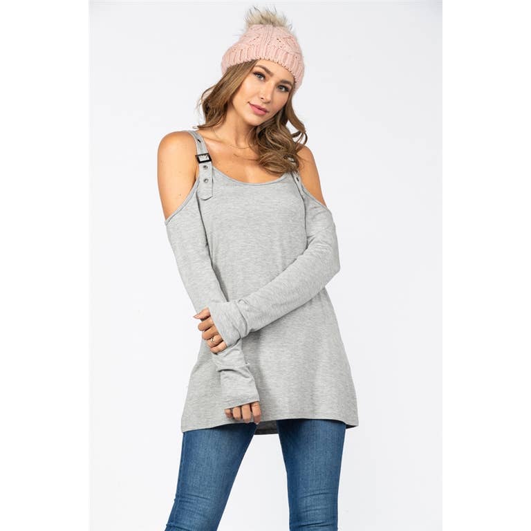 HEATHER GREY COLD SHOULDERS BELT STRAPS JERSEY KNIT