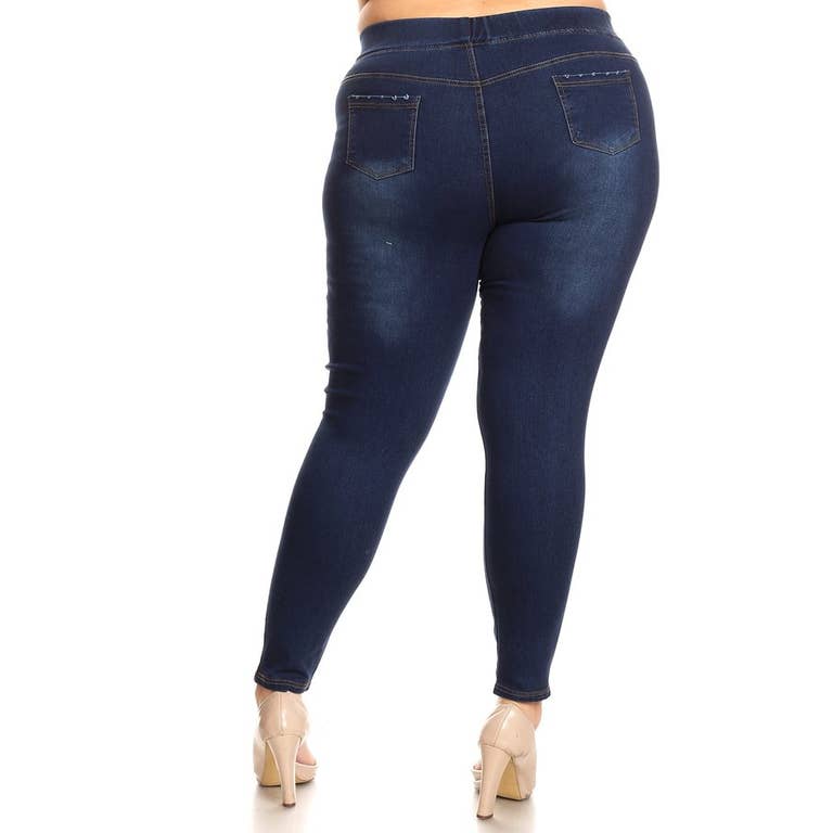 Plus size distress pull on denim jegging