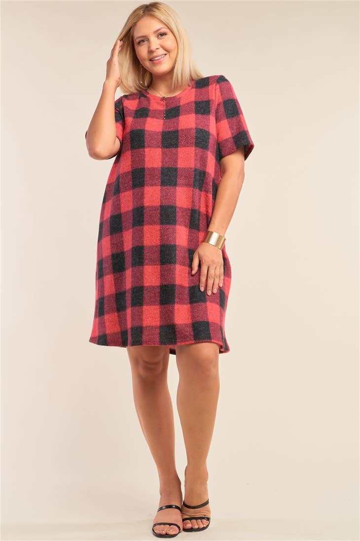 Plus Size Size Red Plaid Checkered Short Sleeve Mini Dress