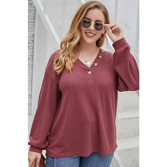 Buttoned V Neckline Plus Size Top