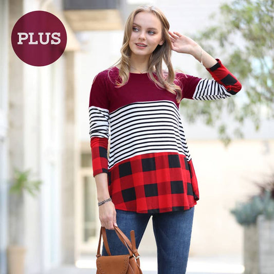 BURGUNDY PLUS PLAID SPLICING STRIPED ROUND NECK TOP