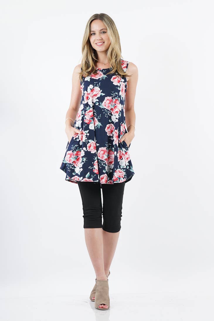 Navy Coral Floral Sleeveless print pocket swing tunic