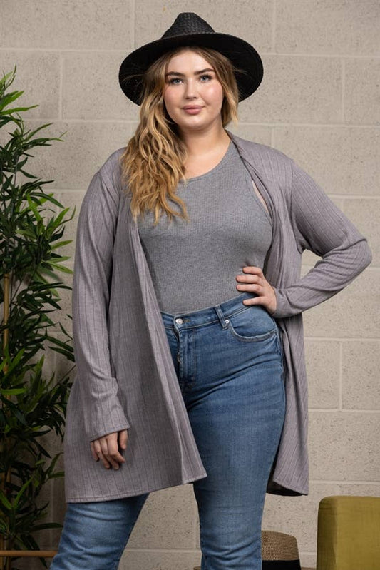 Grey Ribbed Long Sleeve Plus Size Cardigan