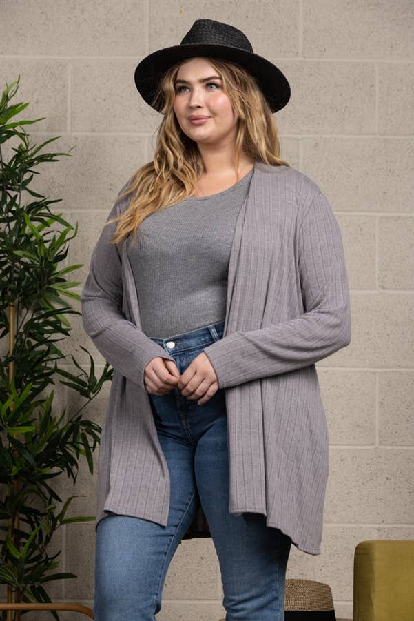 Grey Ribbed Long Sleeve Plus Size Cardigan