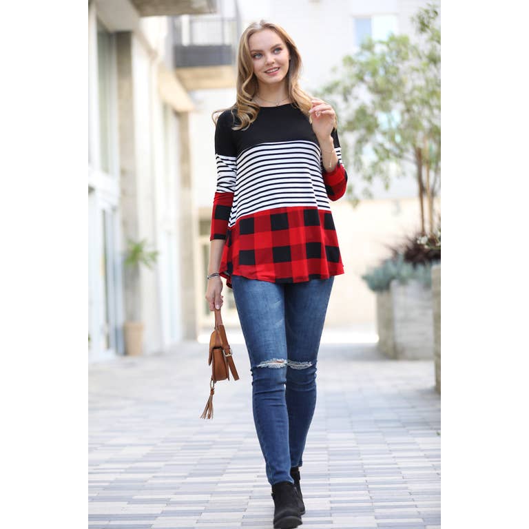 BLACK PLAID SPLICING STRIPED ROUND NECK TOP