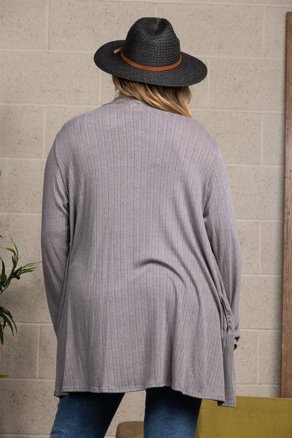 Grey Ribbed Long Sleeve Plus Size Cardigan