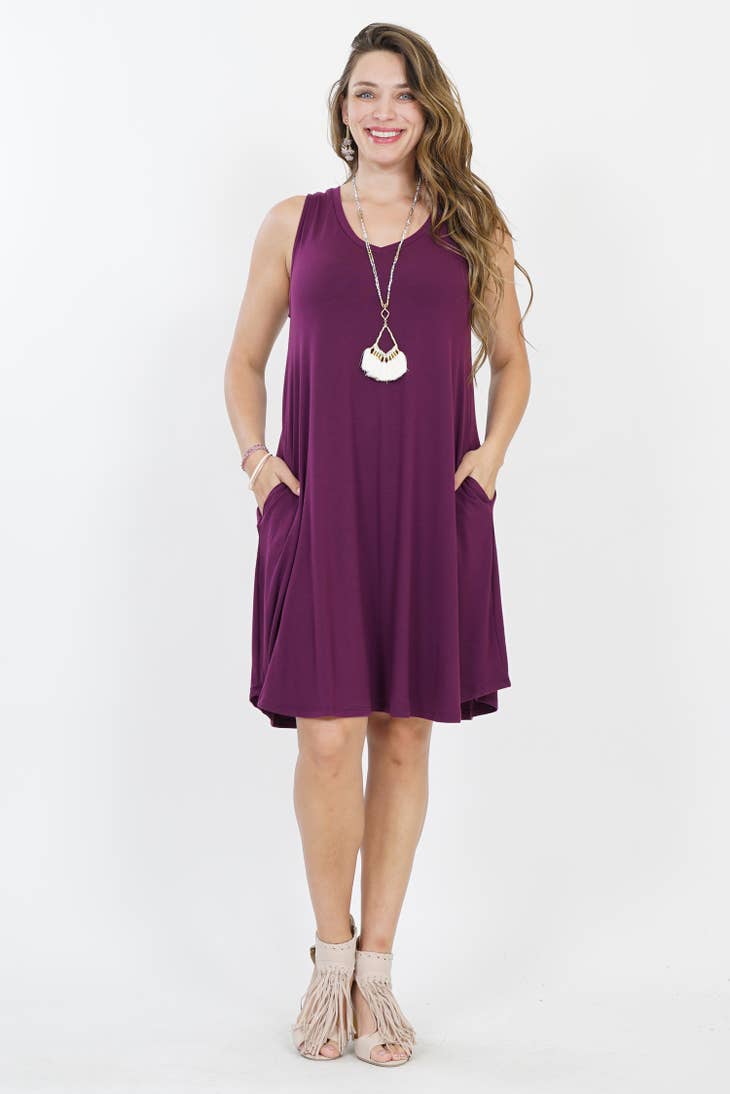 Plus V-neck Sleeveless A-line Dress With Side Pockets