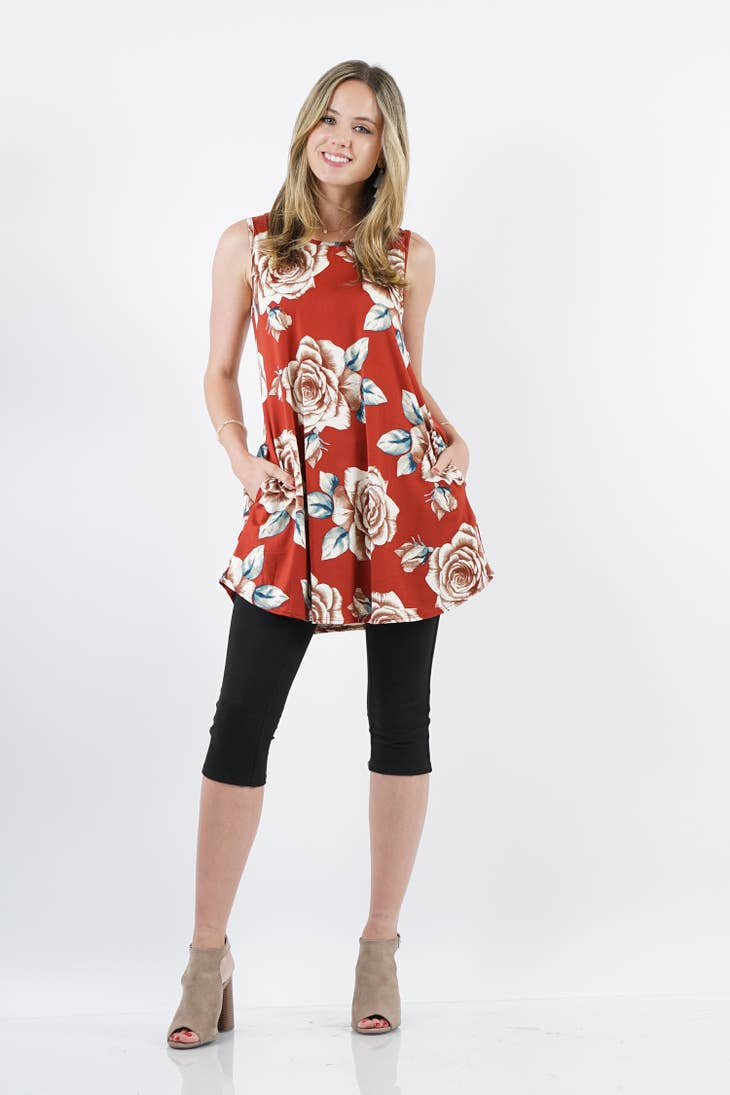 Rust Beige Sleeveless print pocket swing tunic