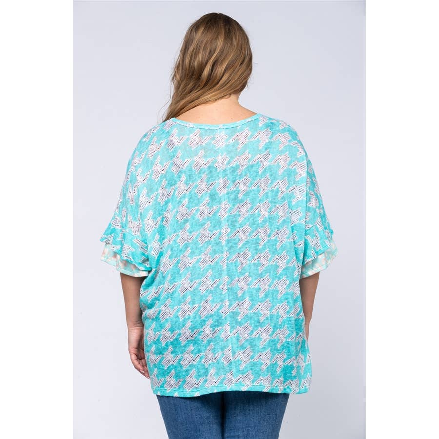 AQUA WHITE HOUNDSTOOTH PRINT OVERSIZE PLUS SIZE TOP