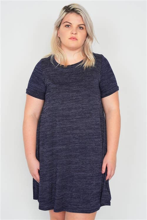 Plus Size Size Navy Casual Cuffed Short Sleeve Mini Dress