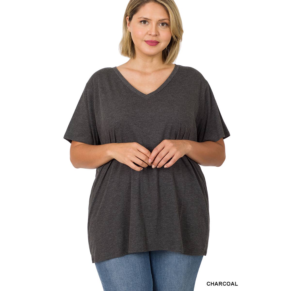 COTTON SHORT SLEEVE BOYFRIEND V-NECK TOP - Charcoal